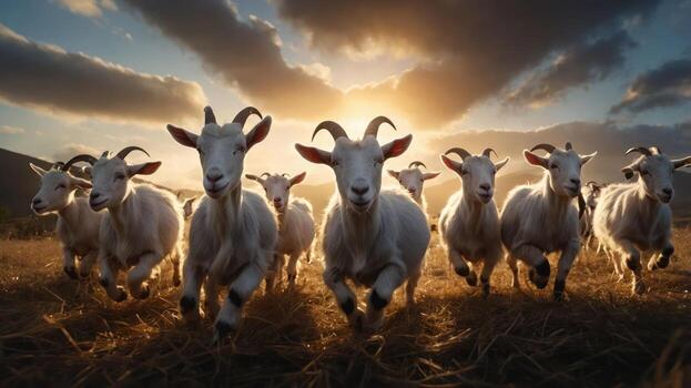 A group of goats running in a field during sunset, creating a lively and dynamic scene. photo