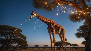 A giraffe adorned with fairy lights stands beneath a tree at dusk in a serene landscape. photo