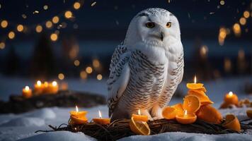 A snowy owl surrounded by oranges and candles in a serene winter setting. photo