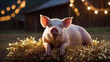 A cute pig lounging on straw with festive lights in the background. photo