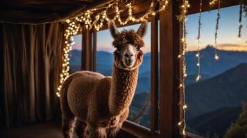 A cozy scene featuring an alpaca by a window adorned with fairy lights against a mountain backdrop. photo