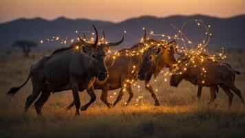 A dynamic scene of wildebeests adorned with glowing lights in a natural landscape at dusk. photo