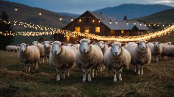 A flock of sheep in front of a rustic barn adorned with string lights at dusk. photo