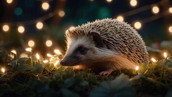 A hedgehog surrounded by soft, glowing lights in a serene, natural setting. photo