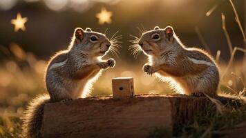 Two squirrels interact playfully on a log, illuminated by soft sunlight and a dreamy background. photo