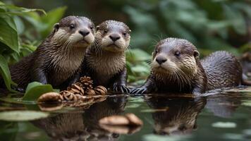Three otters playfully resting by the water, surrounded by greenery and natural elements. photo