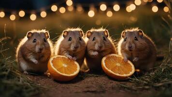 Four hamsters enjoying orange halves under soft lights in a grassy setting. photo