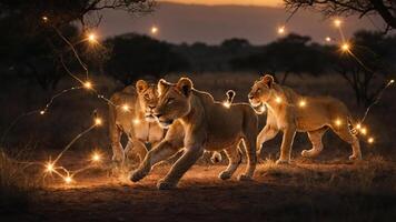 A group of lions playfully running at dusk, surrounded by sparkling light trails. photo