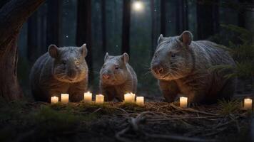 Three wombats gathered around candles in a serene forest setting at night. photo