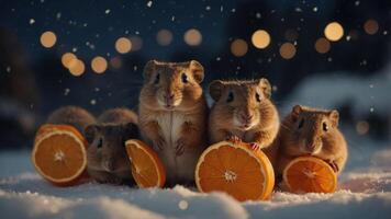 Four hamsters sitting on snow with orange slices, creating a cozy winter scene. photo