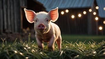 A playful piglet running through grass with a rustic barn backdrop and soft lights. photo