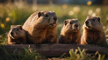 Four ground squirrels sitting on a log in a grassy field during golden hour. photo