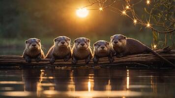 Five otters lounging on a log at sunset, reflecting in calm water with fairy lights. photo