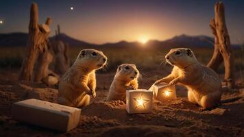 Three prairie dogs interacting with glowing lanterns at sunset in a desert landscape. photo