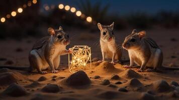 Three small animals gather around a glowing lantern in a serene desert setting at night. photo