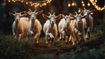 A group of playful goats running through a forest, illuminated by string lights. photo