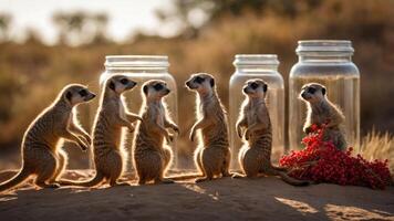 A group of meerkats near jars, with one surrounded by red berries in a natural setting. photo