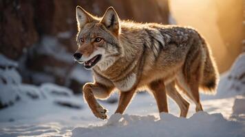 A coyote walking through a snowy landscape during sunset, showcasing its natural habitat. photo
