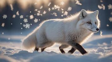 A majestic white fox walks through a snowy landscape, surrounded by falling snowflakes. photo
