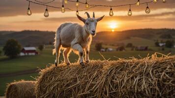A goat standing on a hay bale at sunset, illuminated by string lights in a rural setting. photo