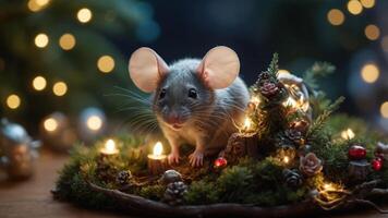 A cute mouse surrounded by candles and festive decorations in a cozy setting. photo