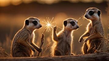 Three meerkats play with a sparkler during sunset in a natural setting. photo