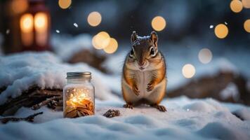 A chipmunk stands in the snow beside a glowing jar, creating a whimsical winter scene. photo