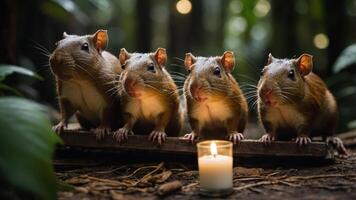 Four small rodents sit on a log in a forest, illuminated by a candle. photo