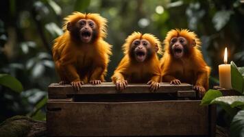 Three playful monkeys with vibrant fur, expressing excitement in a lush jungle setting. photo