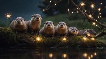 A charming group of otters sitting on a log adorned with twinkling lights by a serene waterway. photo