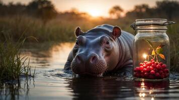 A hippo in a serene landscape with a glowing jar of cherries at sunset. photo