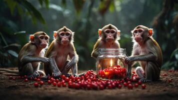 Four monkeys gathered around a jar of tomatoes in a lush, green environment. photo