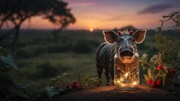A whimsical scene featuring a warthog adorned with festive elements beside a glowing jar. photo