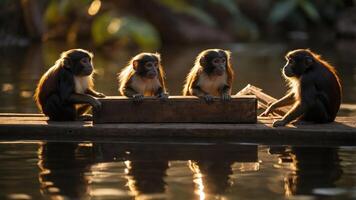 Four monkeys sitting on a log by the water, illuminated by soft sunlight. photo