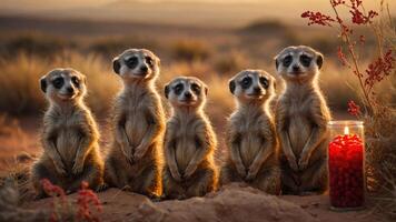 Five meerkats standing in a desert landscape with a decorative jar of red berries. photo