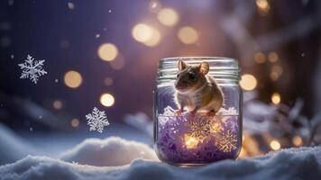 A cute mouse sits inside a jar, surrounded by snowflakes and soft lights in a winter scene. photo