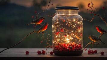A jar filled with lights and berries, surrounded by birds at sunset. photo