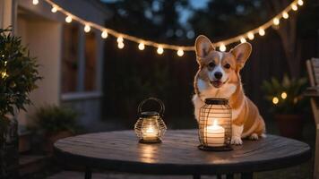 A cheerful corgi sits on a table with lanterns, surrounded by string lights in a cozy outdoor setting. photo