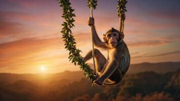 A monkey swings on a vine at sunset, surrounded by mountains and a colorful sky. photo