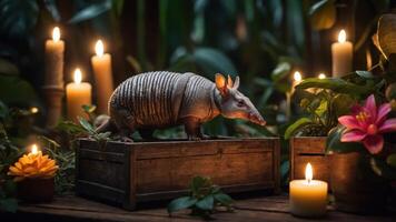 An armadillo stands on a wooden crate surrounded by candles and plants in a serene setting. photo