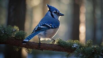A blue jay perched on a branch in a serene forest setting. photo