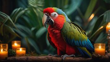 A vibrant macaw perched among tropical foliage with candles, creating a serene atmosphere. photo