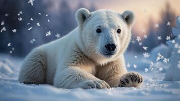 A serene polar bear resting in a snowy landscape with falling snowflakes. photo