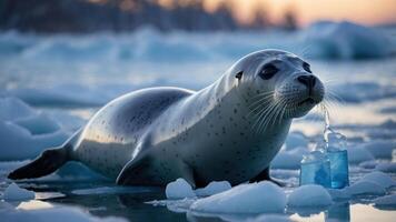A seal resting on ice with a blue object, showcasing the beauty of nature. photo