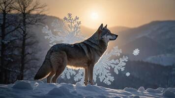 A wolf stands majestically in a snowy landscape with a sunset backdrop and snowflakes. photo
