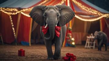 An elephant adorned with ribbons walks in a festive circus setting. photo