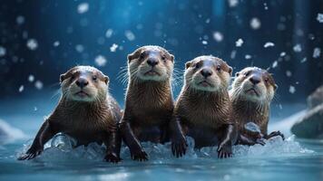 Four playful otters sitting on ice in a serene, snowy environment. photo