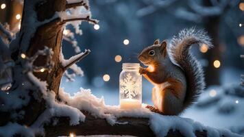 A squirrel interacts with a glowing jar in a snowy forest, surrounded by twinkling lights. photo