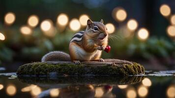 A chipmunk enjoys a cherry on a mossy log beside a tranquil pond with glowing lights. photo
