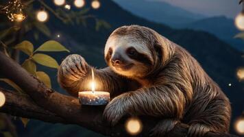 A sloth gently interacts with a candle on a branch, surrounded by a serene landscape. photo
